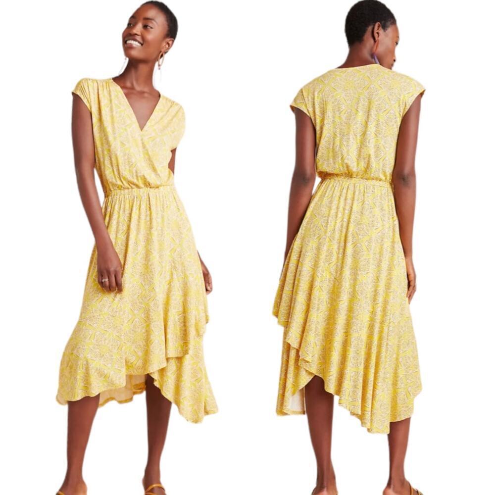 Maeve Anthropologie Fete A-Line Dress Yellow Floral Surplice Stretch XS